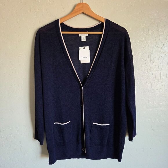 Caslon Linen Blend Button Up V-Neck Cardigan Navy Size Large Nautical Preppy NEW - Picture 1 of 10
